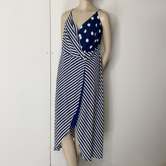 Vince Camuto Wrap Midi Dress in Navy/White; Polka Dot and Stripes - Picture 11 of 16